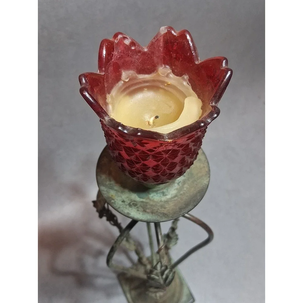 Metal Rustic Leaf Candle Stick Holders Set Of 2/Base Can Be Unscrewed Red Insert